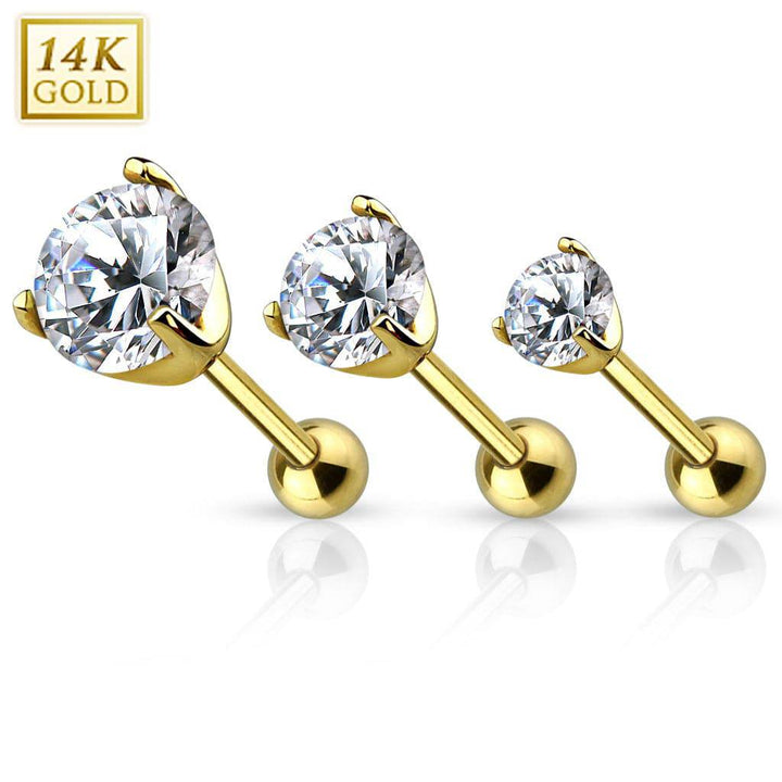 14KT Solid Yellow Gold Ball Back White CZ Prong Cartilage Helix Stud - Pierced Universe