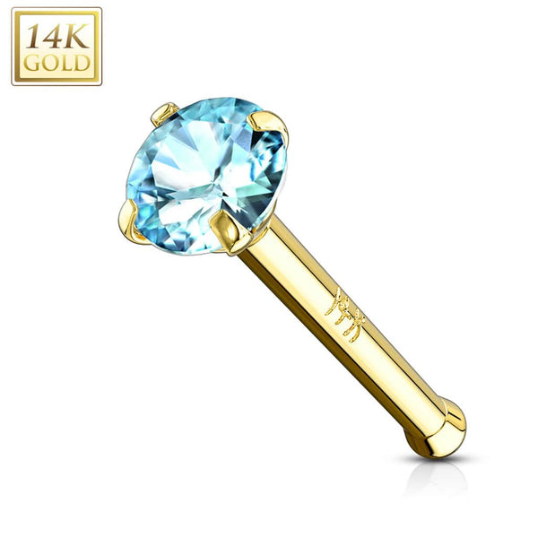 14KT Solid Yellow Gold Ball End Aqua CZ Prong Nose Pin Ring - Pierced Universe
