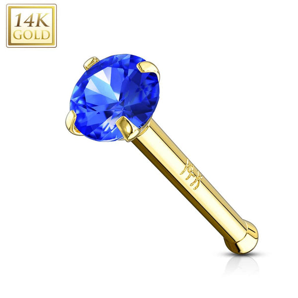 14KT Solid Yellow Gold Ball End Blue CZ Prong Nose Pin Ring - Pierced Universe