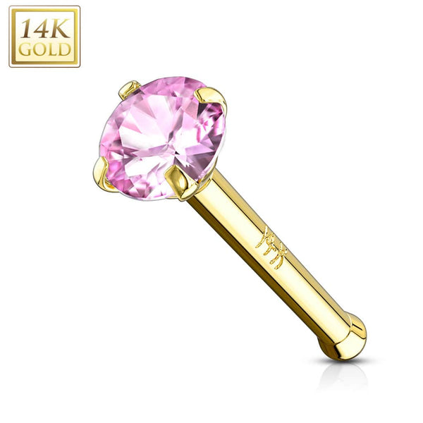 14KT Solid Yellow Gold Ball End Pink CZ Prong Nose Pin Ring - Pierced Universe