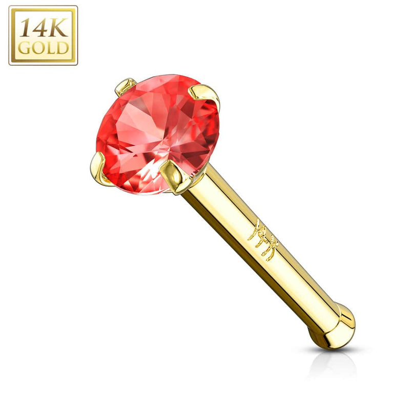 14KT Solid Yellow Gold Ball End Red CZ Prong Nose Pin Ring - Pierced Universe