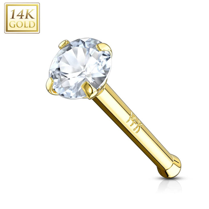 14KT Solid Yellow Gold Ball End White CZ Prong Nose Pin Ring - Pierced Universe