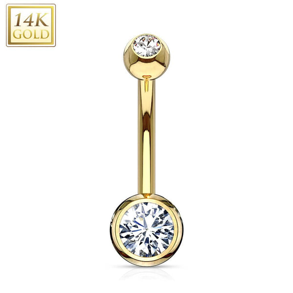 14KT Solid Yellow Gold Double White Ball CZ Gem Belly Button Ring - Pierced Universe