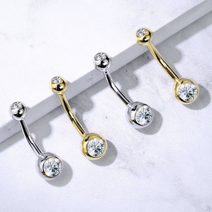 14KT Solid Yellow Gold Double White Ball CZ Gem Belly Button Ring - Pierced Universe