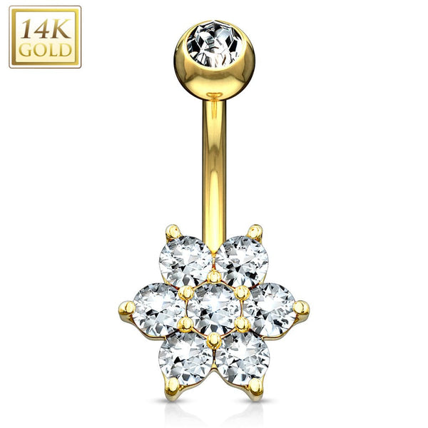 14KT Solid Yellow Gold Flower White CZ Belly Ring - Pierced Universe