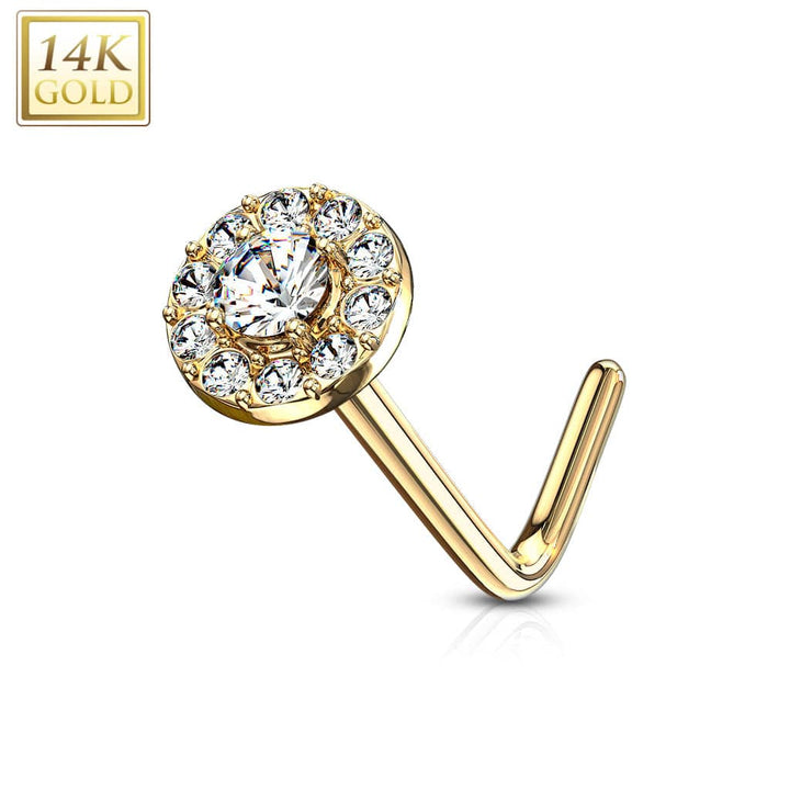 14KT Solid Yellow Gold L Shape Bent All White CZ Cluster Nose Stud - Pierced Universe