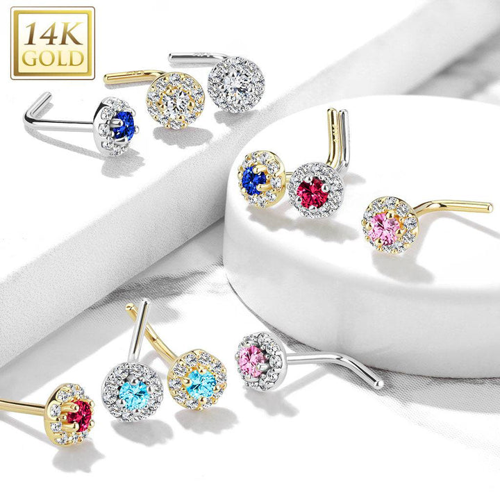 14KT Solid Yellow Gold L Shape Bent Pink & White CZ Cluster Nose Stud - Pierced Universe