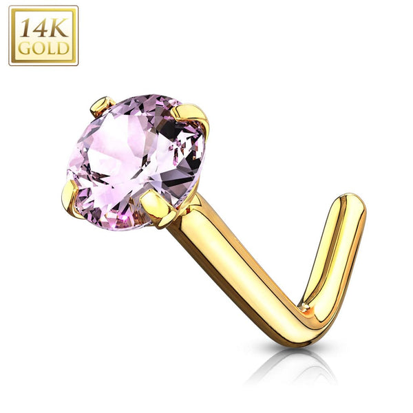 14KT Solid Yellow Gold "L" Shaped Bent Pink Circle CZ Nose Ring Stud - Pierced Universe