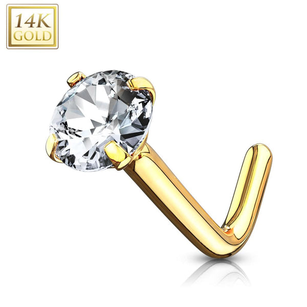 14KT Solid Yellow Gold "L" Shaped Bent White Circle CZ Nose Ring Stud - Pierced Universe