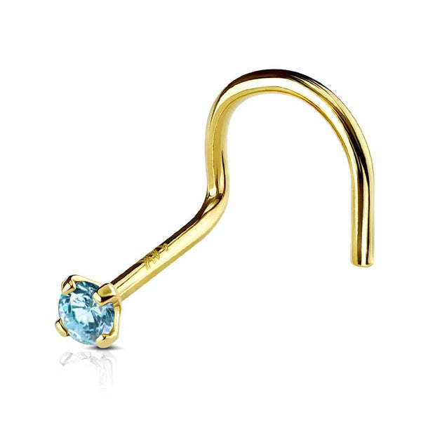 14KT Solid Yellow Gold Prong Aqua CZ Gem Corkscrew Nose Ring Stud - Pierced Universe