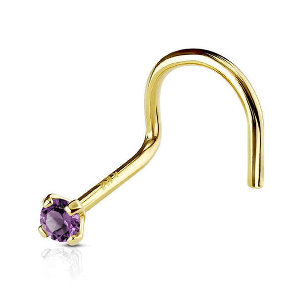 14KT Solid Yellow Gold Prong White CZ Gem Corkscrew Nose Ring Stud 14KT Solid Yellow Gold Prong White CZ Gem Corkscrew Nose Ring Stud