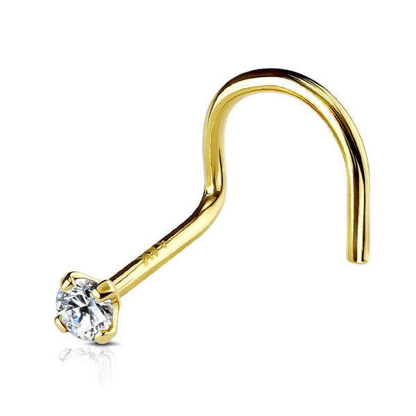 14KT Solid Yellow Gold Prong White CZ Gem Corkscrew Nose Ring Stud - Pierced Universe
