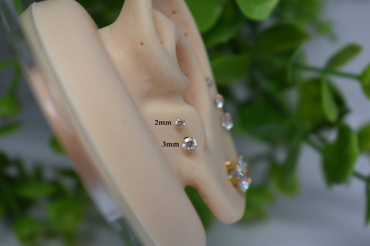14KT Solid Yellow Gold Push In Threadless Flat Back CZ Labret Tragus Cartilage Stud - Pierced Universe