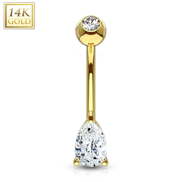 14KT Solid Yellow Gold Tear Drop White CZ Belly Ring - Pierced Universe