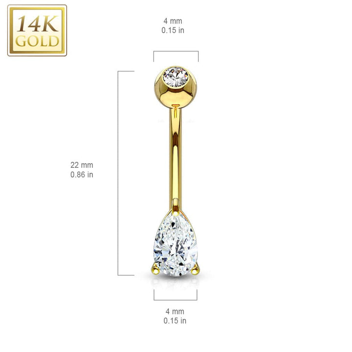 14KT Solid Yellow Gold Tear Drop White CZ Belly Ring - Pierced Universe