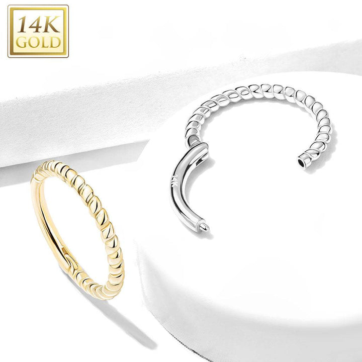 14KT Solid Yellow Gold Twisted Rope Braided Segment Hinged Clicker Hoop - Pierced Universe