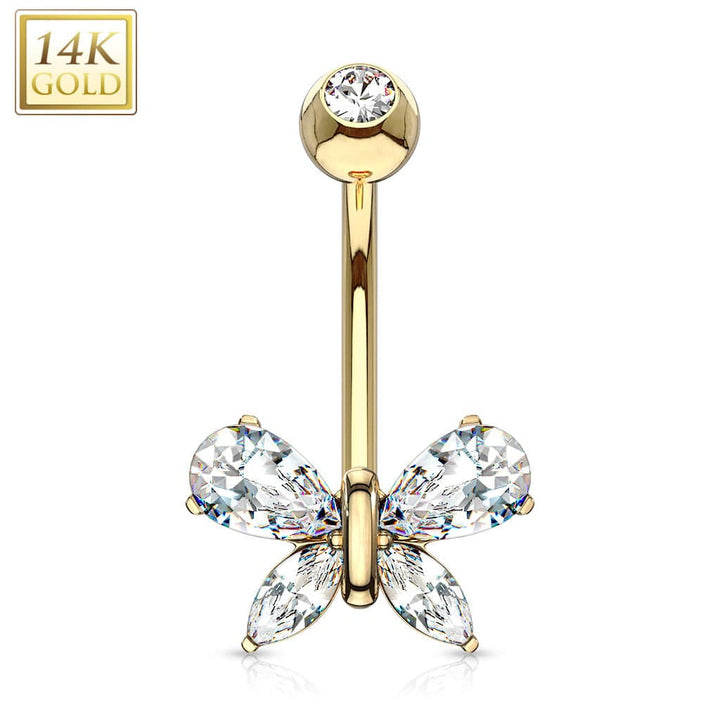 14KT Solid Yellow Gold White CZ Butterfly Belly Button Ring - Pierced Universe