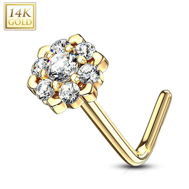 14KT Solid Yellow Gold White CZ Cluster Flower L shape Nose Ring Stud - Pierced Universe