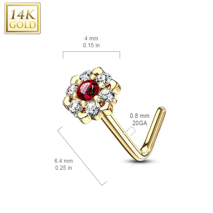 14KT Solid Yellow Gold White CZ Cluster Flower L shape Nose Ring Stud - Pierced Universe