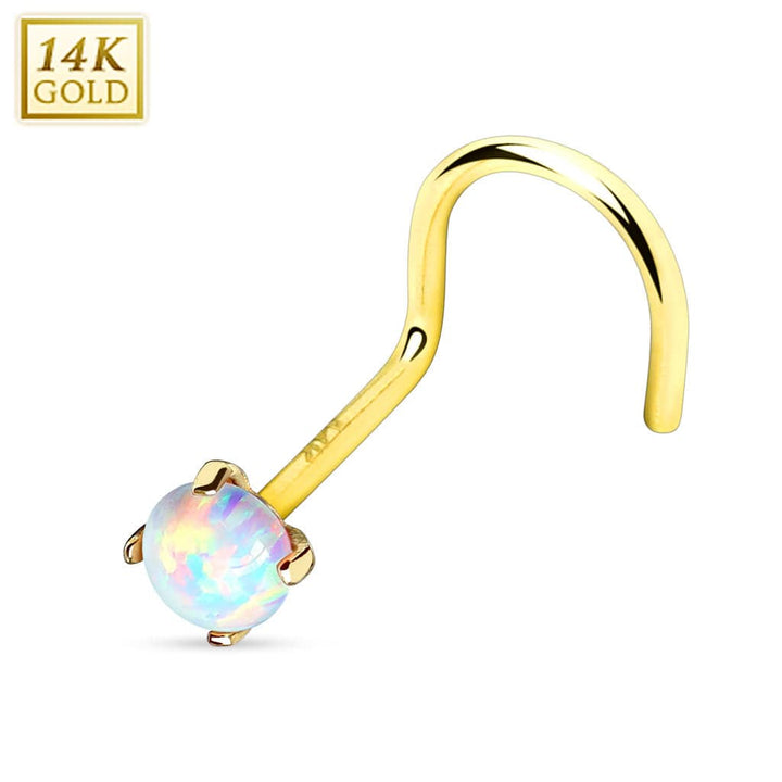14KT Solid Yellow Gold White Opal Corkscrew Prong Nose Ring Stud - Pierced Universe
