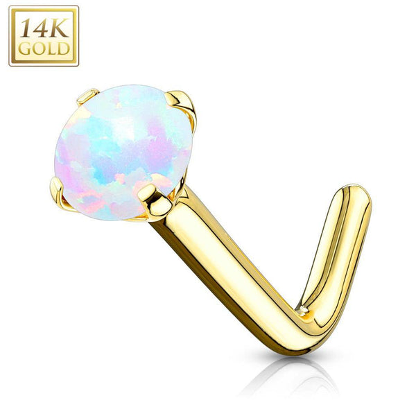 14KT Solid Yellow Gold White Opal "L" Bent Prong Nose Ring Stud - Pierced Universe