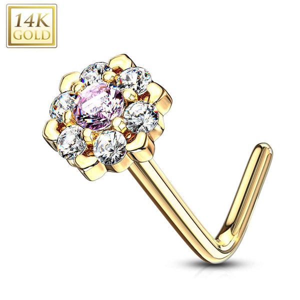 14KT Solid Yellow Gold White & Pink CZ Cluster Flower L shape Nose Ring Stud - Pierced Universe