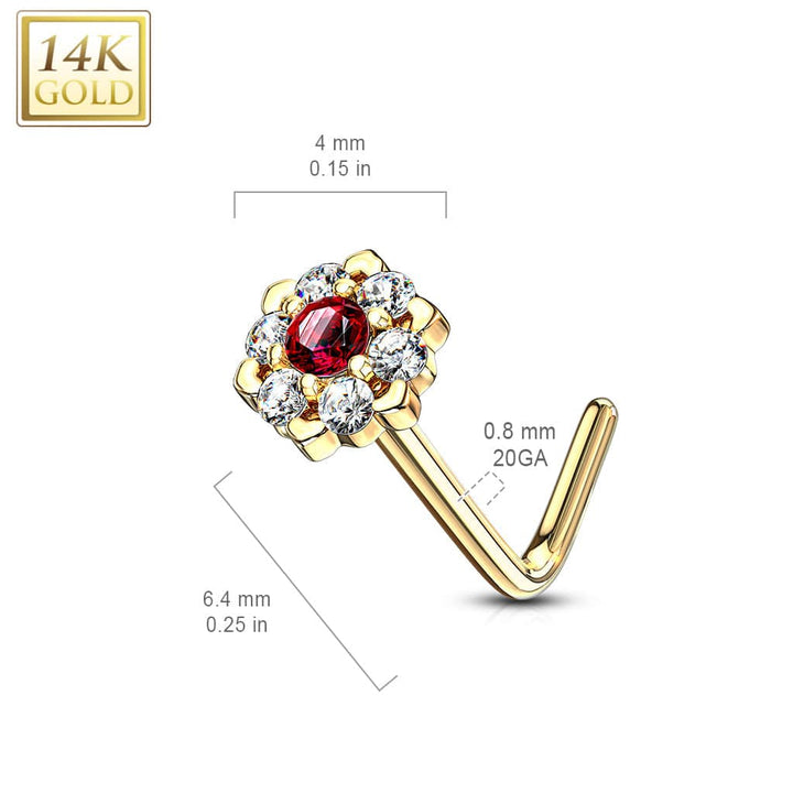 14KT Solid Yellow Gold White & Pink CZ Cluster Flower L shape Nose Ring Stud - Pierced Universe