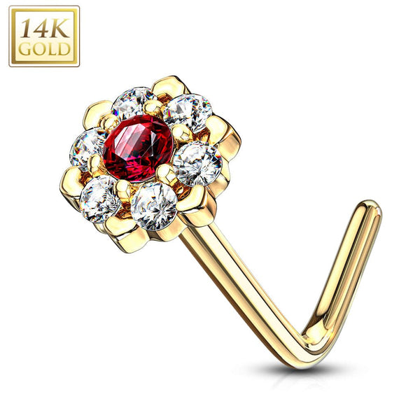 14KT Solid Yellow Gold White & Red CZ Cluster Flower L shape Nose Ring Stud - Pierced Universe