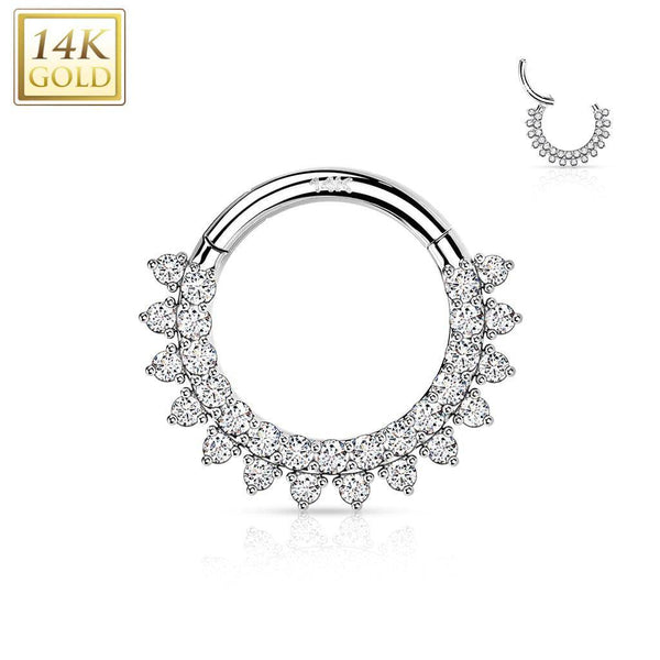 14KT White Gold Double Layer Pave White CZ Hinged Septum Clicker Hoop - Pierced Universe
