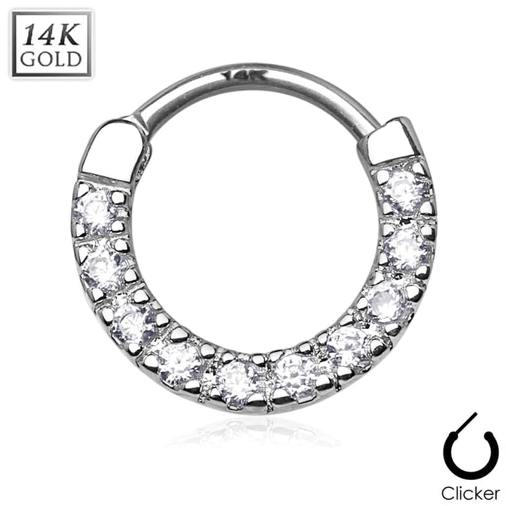 14KT White Gold Hinged White CZ Septum Ring Hoop - Pierced Universe