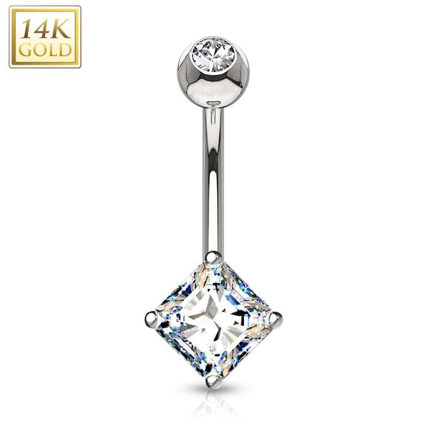 14KT White Gold White Princess Cut Prong CZ Belly Button Ring - Pierced Universe