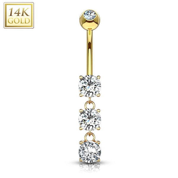 14KT Yellow Gold 3 CZ White Gem Dangling Belly Button Ring - Pierced Universe