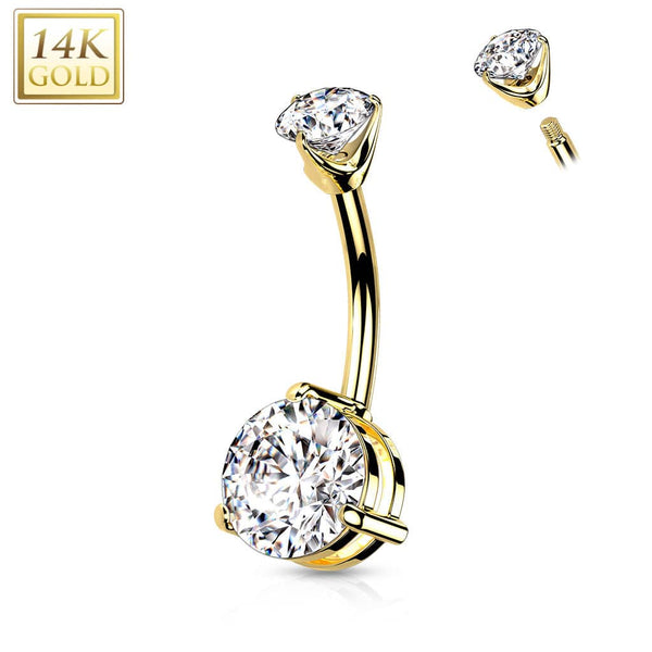 14KT Yellow Gold Clawed White Circle CZ Stud Belly Ring - Pierced Universe