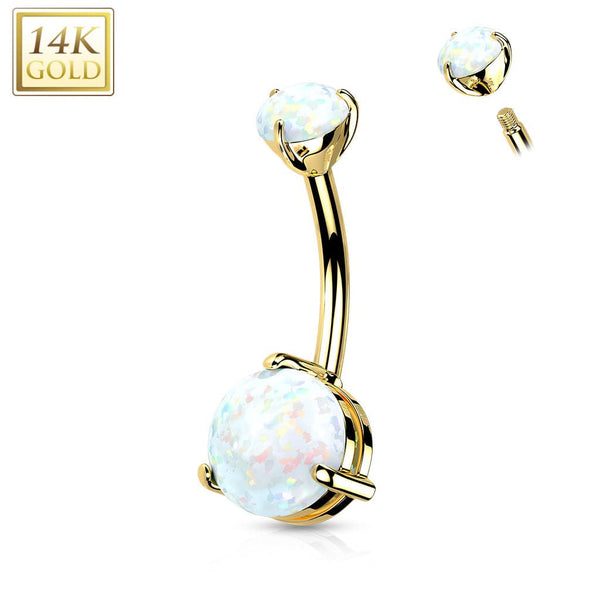 14KT Yellow Gold Clawed White Circle Opal Stud Belly Ring - Pierced Universe