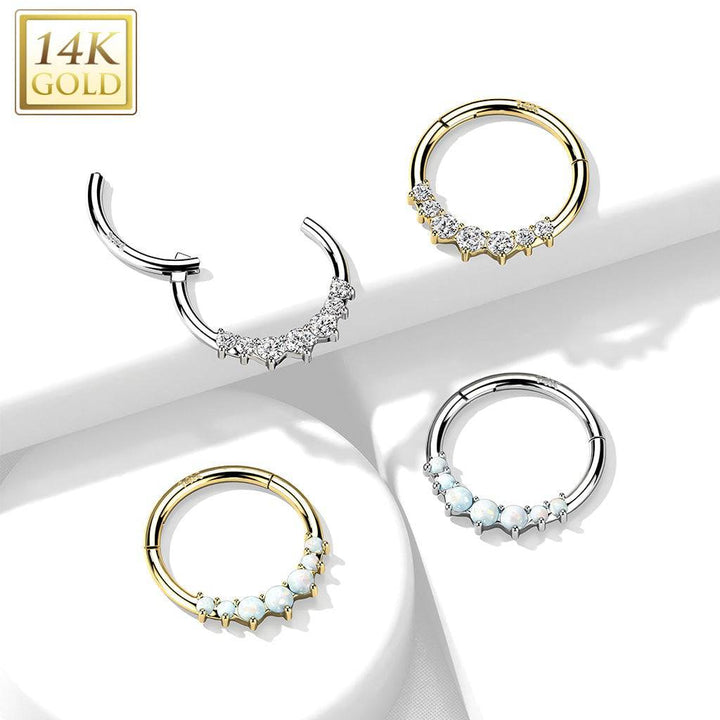 14KT Yellow Gold Dainty White Opal Hinged Septum Clicker Hoop - Pierced Universe