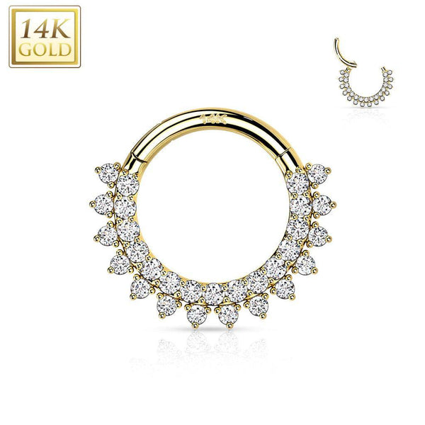 14KT Yellow Gold Double Layer Pave White CZ Hinged Septum Clicker Hoop - Pierced Universe