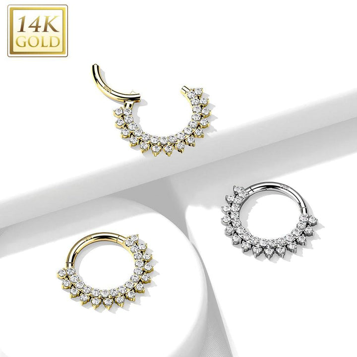 14KT Yellow Gold Double Layer Pave White CZ Hinged Septum Clicker Hoop - Pierced Universe