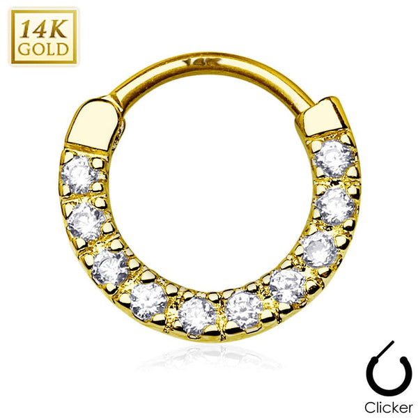 14KT Yellow Gold Hinged White CZ Septum Ring Hoop - Pierced Universe