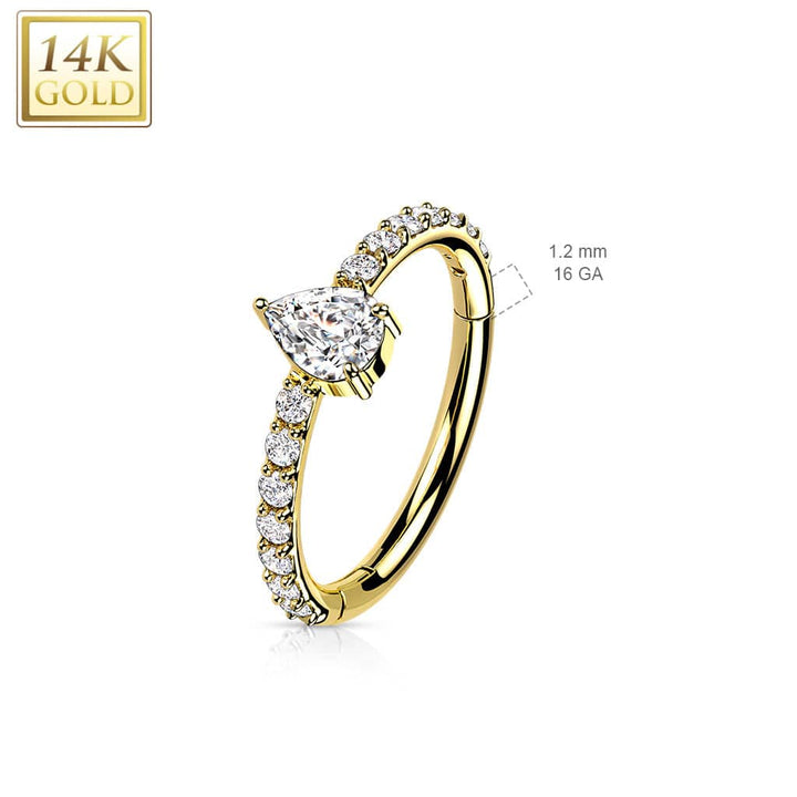 14KT Yellow Gold Pave White CZ Pear Shaped Center Hinged Clicker Hoop - Pierced Universe