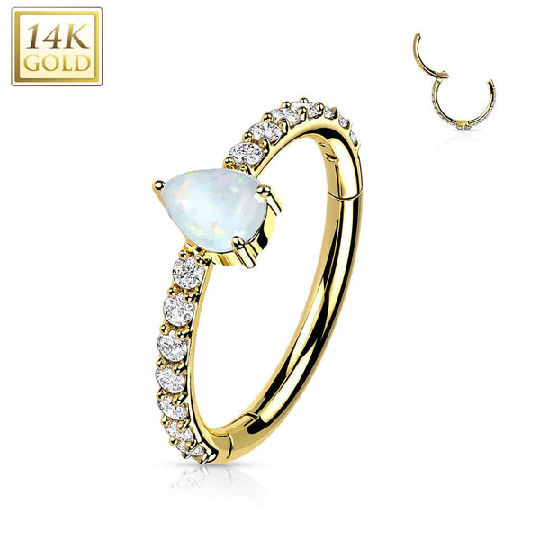14KT Yellow Gold Pave White Opal Pear Shaped Center Hinged Clicker Hoop - Pierced Universe