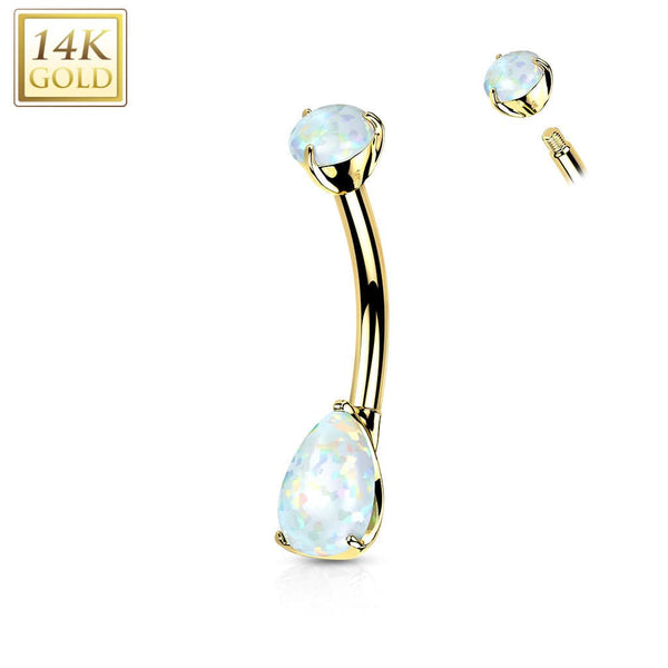14KT Yellow Gold Pear Shaped White Opal Stud Belly Ring - Pierced Universe