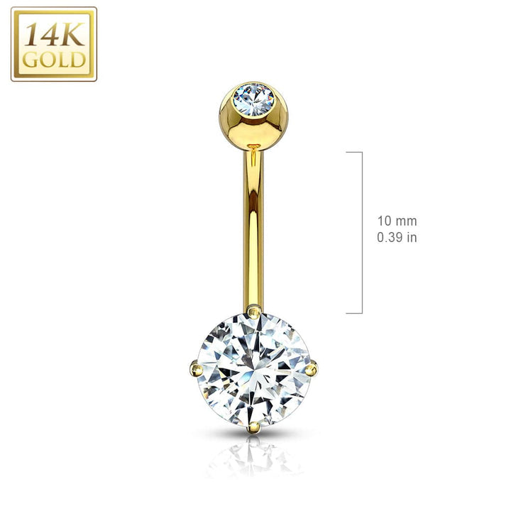 14KT Yellow Gold White Round Prong CZ Belly Button Ring - Pierced Universe