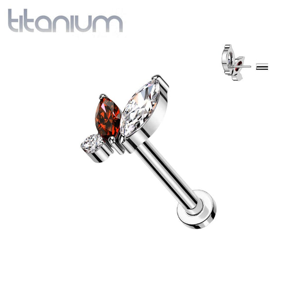 Implant Grade Titanium Marquise Cluster Red & White CZ Threadless Push In Labret - Pierced Universe