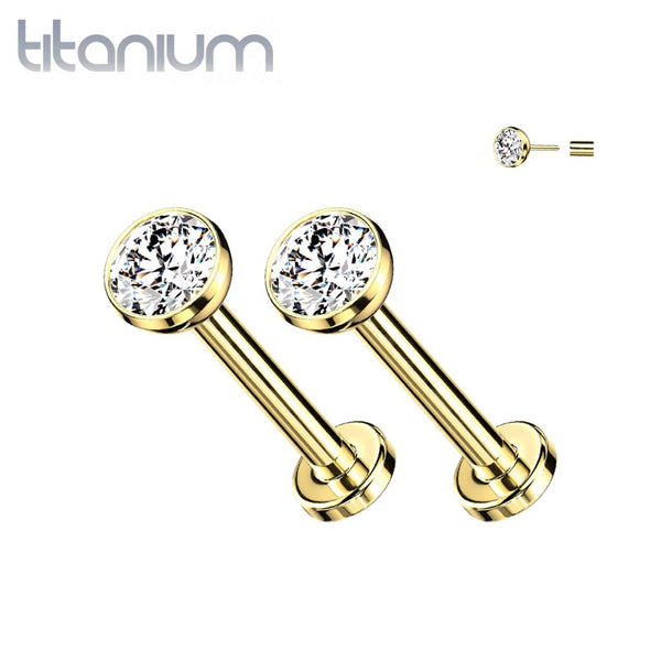 Pair of Implant Grade Titanium Gold PVD Threadless Stud White Bezel Earrings with Flat Back - Pierced Universe