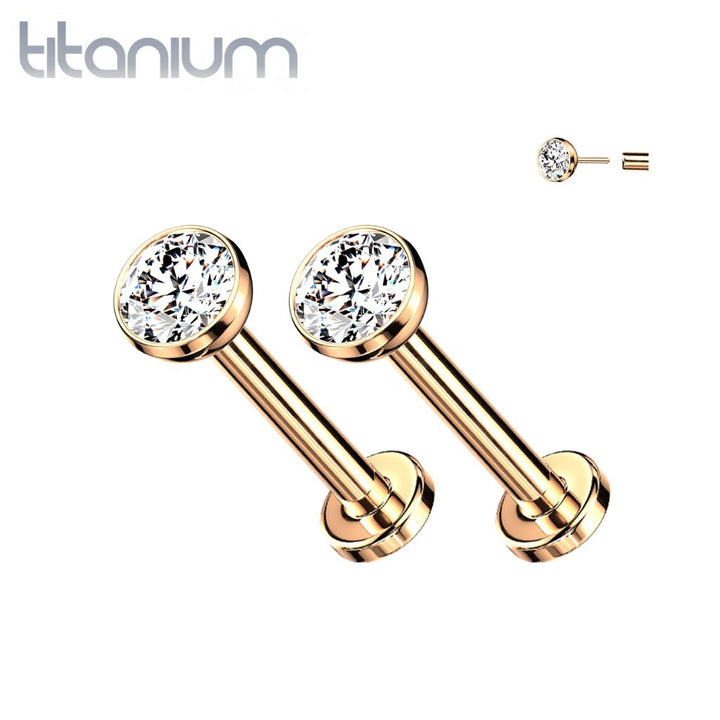 Pair of Implant Grade Titanium Rose Gold PVD Threadless Stud White Bezel Earrings with Flat Back - Pierced Universe
