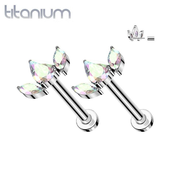 Pair of Implant Grade Titanium Triple AB CZ Petal Threadless Push In Earrings With Flat Back - Pierced Universe