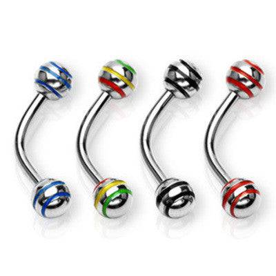 16ga 316L Surgical Steel Curved Eyebrow Tragus Cartilage Helix Barbell with Striped Balls - Pierced Universe