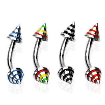 16ga 316L Surgical Steel Curved Eyebrow Tragus Cartilage Helix Barbell with Striped Spikes - Pierced Universe