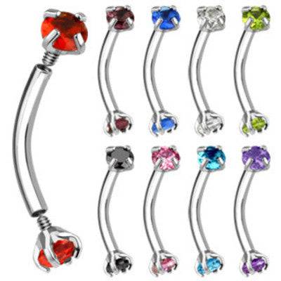 16ga Curved Surgical Steel Eyebrow Cartilage Helix Tragus Ring with Prong Set CZ Gems - Pierced Universe