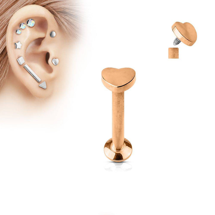 16ga rose gold plated surgical steel flat back internally threaded heart labret monroe tragus cartilage ring - Pierced Universe
